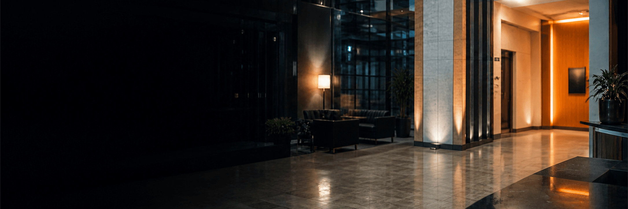 Empty commercial lobby with multiple entry paths and reception coverage zones
