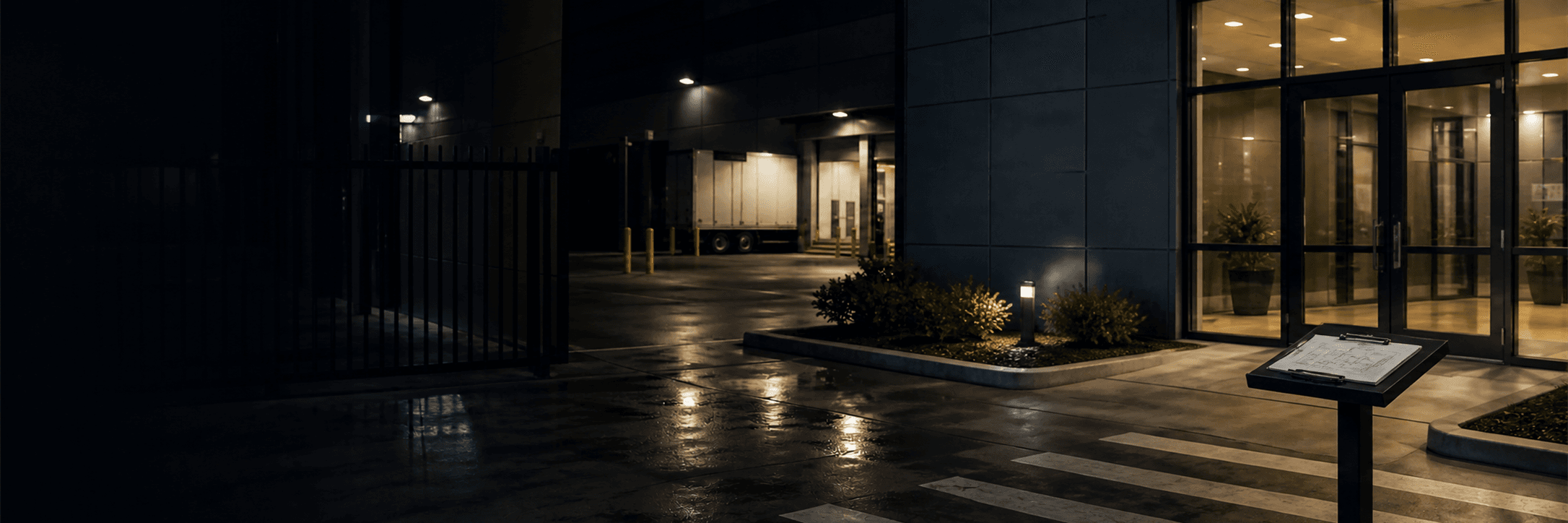 Prepared commercial-property entrance with access route and site plan ready for service launch